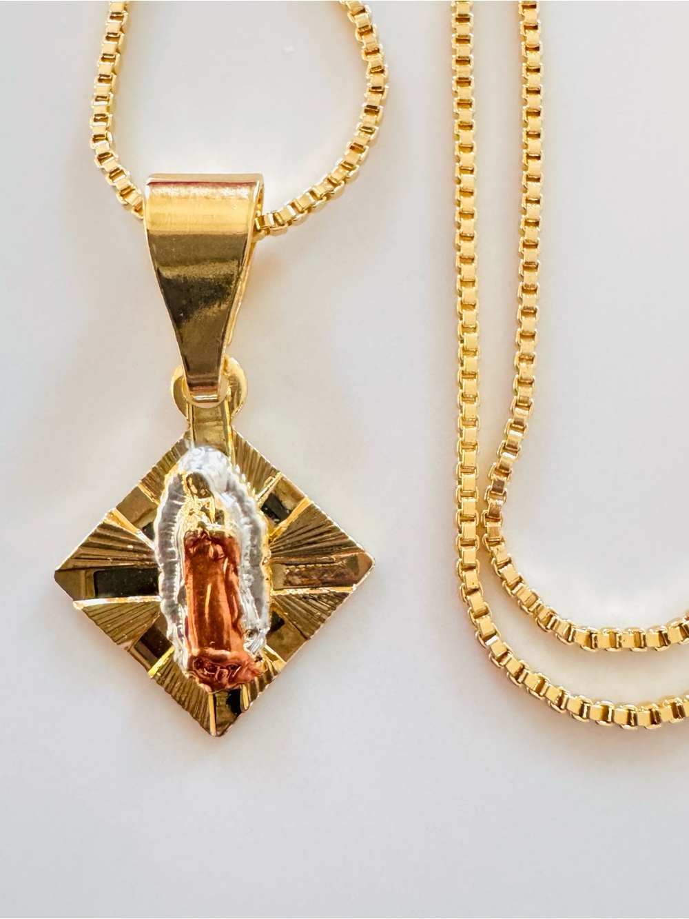 14K Gold Plated Three Tone Virgin Mary Pendant Necklace. New
